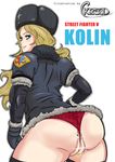  anus_peek ass black_legwear blonde_hair blonde_pubic_hair blue_eyes blush breasts commentary_request curvy fur_hat hat highres kolin kz750d large_breasts long_hair looking_back mittens no_pants panties pubic_hair pussy red_panties solo street_fighter street_fighter_v thick_thighs thighhighs thighs thong underwear ushanka 