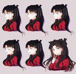  ayumi_(xiwu) black_ribbon blue_eyes blush closed_eyes cropped_torso fate/stay_night fate_(series) finger_to_chin grey_background hair_ribbon highres long_hair low_twintails multiple_views open_mouth ribbon smile sweat toosaka_rin turtleneck twintails two_side_up 