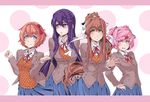  arm_behind_back blue_eyes blue_skirt blush bow brown_hair commentary doki_doki_literature_club eyebrows_visible_through_hair frown green_eyes hair_between_eyes hair_bow hair_ornament hair_ribbon hairclip hands_on_hips hushabye jacket long_hair looking_at_viewer looking_away monika_(doki_doki_literature_club) multiple_girls natsuki_(doki_doki_literature_club) neck_ribbon open_mouth pink_eyes pink_hair pleated_skirt polka_dot polka_dot_background ponytail purple_eyes purple_hair ribbon sayori_(doki_doki_literature_club) school_uniform shirt short_hair sidelocks skirt smile two_side_up very_long_hair waving white_ribbon white_shirt yuri_(doki_doki_literature_club) 