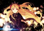  bangs black_cape blonde_hair cape commentary_request earrings ereshkigal_(fate/grand_order) fate/stay_night fate_(series) fur-trimmed_cape fur_trim hair_ribbon holding_lamp jewelry lamp long_hair parted_bangs red_eyes red_ribbon ribbon skull solo tiara two_side_up upper_body xia_(ryugo) 