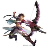  :d abs blue_eyes boots bow_(weapon) brown_hair earrings facial_mark feathers full_body gauntlets holding holding_weapon jewelry jumping liduke long_hair male_focus monster_hunter navel official_art open_mouth pants purple_footwear shirt simple_background smile solo tabard watermark weapon white_background wind wind_lift 