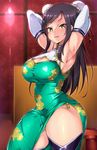  :d armpits arms_behind_head breasts bun_cover china_dress chinese_clothes cleavage_cutout doskoinpo double_bun dress elbow_gloves gloves large_breasts long_hair looking_at_viewer open_mouth side_slit skin_tight smile solo thighhighs yellow_eyes 