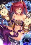  ;d animal_ears arm_guards armor bare_shoulders bell blue_fire blush boots breasts cerberus_(shingeki_no_bahamut) cleavage collarbone crossed_bandaids electricity eyebrows_visible_through_hair fire glowing halo hand_puppet jingle_bell knee_boots light_particles long_hair looking_at_viewer medium_breasts navel navel_cutout one_eye_closed open_mouth puppet purple_footwear purple_legwear red_eyes red_hair revealing_clothes shingeki_no_bahamut sitting skull smile solo stomach strapless tareme thighhighs thighhighs_under_boots twintails very_long_hair yuririn_poi 