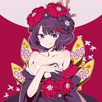  bangs bare_shoulders black_kimono blush breasts chan_co cleavage collarbone commentary_request eyebrows_visible_through_hair fate/grand_order fate_(series) flower hair_flower hair_ornament japanese_clothes katsushika_hokusai_(fate/grand_order) kimono large_breasts looking_at_viewer off_shoulder purple_eyes purple_hair short_eyebrows short_hair solo 