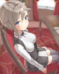  ange_(princess_principal) blue_eyes blurry blush braid breasts corset depth_of_field eyebrows_visible_through_hair garter_straps grey_hair medium_breasts princess_principal reinama school_uniform short_hair sitting smile solo thighhighs zettai_ryouiki 