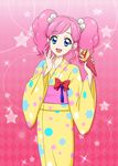  aikatsu! amahane_madoka blue_eyes blush kimono long_hair pink_hair smile twintails 