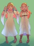  bellhenge blonde_hair bracelet double_v dress dual_persona full_body jewelry multiple_girls necklace pointy_ears princess_zelda sandals simple_background smile standing the_legend_of_zelda the_legend_of_zelda:_breath_of_the_wild the_legend_of_zelda:_skyward_sword v white_dress 