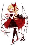  absurdres alternate_costume bare_arms bare_shoulders black_legwear blonde_hair blood bow bug butterfly choker collarbone commentary dress flandre_scarlet flower full_body high_heels highres insect laevatein looking_at_viewer no_hat no_headwear red_bow red_dress red_eyes red_flower sheya short_hair side_ponytail simple_background smile solo standing strapless strapless_dress thighhighs touhou white_background zettai_ryouiki 