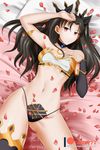  alfred_cullado ass_visible_through_thighs black_hair breasts cleavage detached_sleeves fate/grand_order fate_(series) groin groin_tendon hand_on_own_chest hand_on_own_forehead highres ishtar_(fate/grand_order) long_hair lying medium_breasts navel on_back patreon_username petals red_eyes single_detached_sleeve single_thighhigh solo thighhighs thighs watermark web_address 