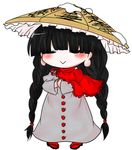  :&gt; =_= ajirogasa black_footwear blush braid brown_hat buttons buuwa capelet chibi closed_eyes closed_mouth clothes_writing dress frilled_capelet frilled_hat frills full_body geta grey_dress hands_together hat legs_apart long_hair long_sleeves no_nose pigeon-toed red_capelet red_legwear red_ribbon ribbon simple_background snow solo standing touhou twin_braids very_long_hair white_background wide_sleeves yatadera_narumi 