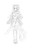  barbariank bare_shoulders belt claws commentary commentary_typo english_commentary eyebrows_visible_through_hair feather_trim feathers fiery_tail fire_emblem frown full_body greyscale hair_ornament head_fins highres laevateinn_(fire_emblem_heroes) lineart lizard_tail long_hair looking_at_viewer monochrome monster_girl monster_girl_encyclopedia monsterification paws salamander_(monster_girl_encyclopedia) scales solo standing tail thigh_gap twintails 