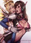  after_kiss age_difference artist_name bangs blonde_hair blue_bodysuit bodysuit bra breast_grab breast_press breasts brown_eyes brown_hair closed_eyes commentary covered_nipples d.va_(overwatch) eyeshadow facepaint facial_mark garter_belt gloves glowing glowing_wings grabbing hair_tie hands_on_another's_chest headphones high_collar hug hug_from_behind kachima lips long_hair looking_at_another looking_to_the_side makeup mechanical_halo mechanical_wings medium_breasts mercy_(overwatch) multiple_girls navel nose open_clothes open_mouth overwatch panties pilot_suit pink_bra pink_lips pink_panties ribbed_bodysuit saliva saliva_trail shoulder_pads signature simple_background skin_tight swept_bangs tongue tongue_out underwear unzipped upper_teeth watermark web_address whisker_markings white_background white_bodysuit white_gloves wings yellow_wings yuri 