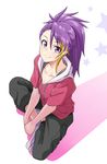  asymmetrical_bangs bangs blonde_hair collarbone from_above full_body hige_(com) hood hoodie idolmaster idolmaster_million_live! indian_style long_hair looking_at_viewer maihama_ayumu multicolored_hair pants ponytail purple_eyes purple_hair short_sleeves sitting smile solo streaked_hair sweatpants swept_bangs 