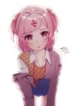  :o artist_name bent_over blazer blue_skirt blurry blush breasts collarbone collared_shirt commentary_request dated doki_doki_literature_club eyebrows_visible_through_hair hair_ornament hairclip heart heart_in_eye jacket long_sleeves looking_at_viewer medium_breasts miniskirt natsuki_(doki_doki_literature_club) open_mouth orange_sweater orange_vest pink_eyes pink_hair pleated_skirt removing_jacket ribbon school_uniform shirt short_hair signature simple_background skirt solo sweater symbol_in_eye the_cold two_side_up vest white_background white_shirt x_hair_ornament 