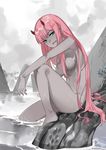  :d arm_on_knee arm_support bangs barefoot breasts cloud convenient_leg darling_in_the_franxx eyebrows_visible_through_hair eyeshadow from_side green_eyes grey grey_skin grey_sky hair_censor highres horns long_hair looking_at_viewer makeup medium_breasts nanaya_(daaijianglin) nude open_mouth outdoors outstretched_arm pink_hair signature sitting smile soaking_feet solo teeth very_long_hair water wet zero_two_(darling_in_the_franxx) 