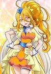  blue_hat capelet colored_eyelashes cowboy_shot cure_etoile dress earrings garrison_cap hair_ornament hands_on_hips hanzou hat highres hugtto!_precure jewelry kagayaki_homare long_hair looking_at_viewer magical_girl orange_dress orange_eyes orange_hair parted_lips precure smile solo sparkle star star_earrings star_hair_ornament wrist_cuffs yellow_background 