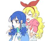  :d ^_^ aikatsu! aikatsu!_(series) alternate_hairstyle bad_id bad_pixiv_id blonde_hair blue_eyes blue_hair blue_scrunchie bow closed_eyes closed_mouth hair_bow hairband hoshimiya_ichigo kiriya_aoi long_hair low_twintails mgn0isi multiple_girls open_mouth scrunchie simple_background smile track_suit twintails wavy_mouth white_background 