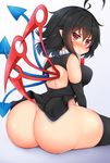  adapted_costume ahoge ass asymmetrical_wings backless_dress backless_outfit black_dress black_gloves black_hair black_legwear blue_wings blush bow bowtie breasts dress elbow_gloves gloves gradient gradient_background highres houjuu_nue large_breasts no_panties pointy_ears red_eyes red_neckwear red_wings short_dress sitting solo sweatdrop thick_thighs thighhighs thighs tokoya_(ex-hetare) touhou wide_hips wings 