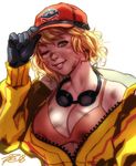  ;) baseball_cap bikini_top black_gloves blonde_hair breasts cidney_aurum cropped_jacket dirty_face final_fantasy final_fantasy_xv gloves goggles goggles_around_neck green_eyes hat hat_tip highres jacket large_breasts lips looking_at_viewer off_shoulder one_eye_closed robert_porter short_hair smile solo unzipped 