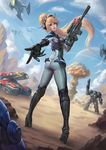  armor ass blonde_hair bodysuit boobplate breastplate day explosion full_body ground_vehicle gun headset highres holding holding_weapon jim_raynor long_hair looking_at_viewer looking_back military military_vehicle motor_vehicle nova_(starcraft) nuclear_explosion parted_lips planet ponytail reaching_out robot_costume sgt_hammer siege_tank sky solo_focus standing starcraft tank terran_marine terran_wraith tongue tongue_out twisted_torso weapon wenfei_ye 