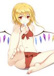  bangs bare_arms bare_legs bare_shoulders barefoot bikini blonde_hair eating eyebrows_visible_through_hair feet flan_(seeyouflan) flandre_scarlet food frilled_bikini frills hair_between_eyes highres holding holding_food knee_up looking_at_viewer navel popsicle red_bikini red_eyes simple_background soles solo swimsuit toenail_polish toes touhou white_background wings 