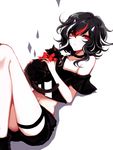  absurdres ass bare_legs bare_shoulders black_cat black_hair black_shirt black_shorts bow cat choker collarbone commentary crop_top eyebrows_visible_through_hair hair_between_eyes highres holding holding_cat horns kijin_seija knees_up looking_at_viewer lying medium_hair midriff off-shoulder_shirt on_back red_bow red_eyes red_hair sheya shirt short_shorts short_sleeves shorts simple_background solo thigh_strap touhou white_background white_hair 