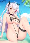  antenna_hair areola_slip areolae arm_support azur_lane bad_id bad_pixiv_id bangs black_choker black_ribbon black_swimsuit blue_sky breasts choker closed_mouth cloud come_hither covered_nipples dated day earrings eyebrows_visible_through_hair finger_in_mouth finger_to_mouth flag_print german_flag groin hair_ribbon iron_cross jewelry knee_up large_breasts long_hair looking_at_viewer mole mole_on_breast multicolored_hair naughty_face one_eye_closed outdoors palm_tree ppshex prinz_eugen_(azur_lane) red_eyes ribbon silver_hair sitting sky slingshot_swimsuit solo streaked_hair swept_bangs swimsuit thighs tree two_side_up underboob water 