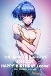  2018 bandolier birthday blue_hair closed_eyes crop_top highres ichigai_(hayawossan) leona_heidern midriff muscle ponytail smile snk solo tank_top the_king_of_fighters the_king_of_fighters_xiv 