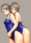  age_difference ass bangs blue_eyes blue_swimsuit blush breasts closed_mouth colored_eyelashes competition_swimsuit cowboy_shot dutch_angle emblem eyebrows_visible_through_hair from_side grey_background grey_hair hair_between_eyes head_tilt highres holding_hands hug hug_from_behind light_smile looking_at_viewer looking_to_the_side love_live! love_live!_sunshine!! mature medium_breasts mother_and_daughter multiple_girls nozomi-y one-piece_swimsuit open_mouth parted_bangs pink_lips short_hair simple_background smile standing swimsuit thighs watanabe_you watanabe_you's_mother 