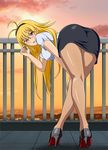  1girl ahoge antenna_hair ass balcony bent_over blonde_hair bpack_skirt breasts chousen_(ikkitousen) curvy female glasses hairband heels high_heels hips ikkitousen large_ass large_breasts legs legs_crossed_legs long_hair looking_at_viewer looking_back office_lady open_mouth outdoors outside pantyhose red_eyes sideboob skirt solo tagme thick_thighs thighs tongue very_long_hair wide_hips 