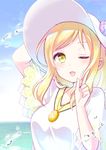  :3 blonde_hair blue_sky day green_eyes hand_on_headwear hat hirako index_finger_raised jewelry looking_at_viewer love_live! love_live!_sunshine!! necklace ocean ohara_mari one_eye_closed open_mouth outdoors sidelocks sky smile solo twitter_username upper_body water_drop 