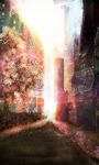  blurry city commentary depth_of_field holographic_interface lens_flare light_particles no_humans original road scenery science_fiction sunlight tree vanishing_point 