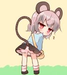  :o animal_ears bag bangs black_footwear black_skirt bloomers blue_shirt blush eyebrows_visible_through_hair full_body grey_hair kindergarten_bag kindergarten_uniform leaning_forward long_sleeves looking_at_viewer looking_back marshmallow_mille mouse_ears mouse_girl mouse_tail nazrin parted_lips red_eyes shirt shoes skirt socks solo standing striped_tail tail tail_raised touhou underwear white_bloomers white_legwear yellow_background younger 