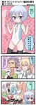  2girls 3koma :d :t adou_saga anger_vein bangs bare_arms bare_shoulders black_legwear blonde_hair blue_eyes blush breasts brown_shirt cameltoe casual_one-piece_swimsuit cleavage closed_mouth collarbone comic commentary_request covered_nipples dog_tags double_v eyebrows_visible_through_hair facial_hair front_zipper_swimsuit gloves gundam gundam_build_fighters gundam_build_fighters_try hair_between_eyes hair_slicked_back hand_on_own_chin head_bump heart heart_background high_ponytail highres holding jacket kijima_shia kijima_wilfrid kneeling long_hair long_sleeves marshmallow_mille meme_attire multiple_girls no_shoes one-piece_swimsuit open_mouth parted_lips partially_unzipped ponytail pout purple_hair seiza shirt short_hair siblings sidelocks sisters sitting small_breasts smile smug sparkle stirrup_legwear stubble swimsuit thighhighs toeless_legwear translation_request trembling twitter_username v v-shaped_eyebrows very_long_hair white_gloves white_jacket 