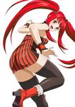  1girl ass bare_shoulders black_legwear boots breasts brown_eyes curvy dress happy hips ikkitousen kanpei large_ass long_hair looking_at_viewer looking_back medium_breasts open_mouth red_boots red_hair sideboob simple_background smile solo striped_clothes striped_dress tagme thighhighs thighs tongue_out twintails very_long_hair white_background 