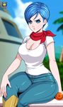  1girl angry bare_arms blue_eyes blue_hair boots breasts bulma cleavage curvy denim dragon_ball dragon_ball_super female hips jeans kyoffie12 large_ass large_breasts outdoors outside scarf shirt short_hair sitting solo thick_thighs thighs white_shirt wide_hips 