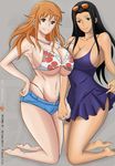  2girls bare_arms bare_legs bare_shoulders bare_thighs barefoot bikini blue_eyes booty_shorts breasts brown_eyes cleavage curvy dress earrings feet hips huge_breasts kneeling large_breasts legs long_hair multiple_girls nami_(one_piece) navel necklace nico_robin one_piece smile stomach sunglasses sunglasses_on_head thick_thighs thighs thong wide_hips 
