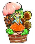  &gt;:) arm_at_side ascot bright_pupils chibi closed_mouth collared_shirt commentary diorama flower flower_pot full_body green_hair holding holding_umbrella kazami_yuuka long_skirt long_sleeves looking_at_viewer medium_hair mokumoku22 parasol plaid plaid_skirt plaid_vest red_eyes red_skirt red_vest shirt skirt skirt_set smile solo standing sunflower touhou umbrella v-shaped_eyebrows vest white_pupils white_shirt yellow_neckwear 