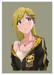  animal_print bangs black_hair blonde_hair clothes_writing earrings eyebrows_visible_through_hair fujimoto_rina grey_background grey_eyes heart heart_earrings hige_(com) idolmaster idolmaster_cinderella_girls jewelry leopard_print long_hair looking_to_the_side multicolored_hair necklace o-ring o-ring_top off_shoulder single_bare_shoulder solo swept_bangs tank_top two-tone_hair upper_body 