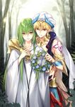 androgynous bare_shoulders blonde_hair bracer commentary_request earrings enkidu_(fate/strange_fake) eyebrows_visible_through_hair fate/grand_order fate/strange_fake fate_(series) faulds fern flower forest gauntlets gem gilgamesh gilgamesh_(caster)_(fate) gorget green_hair head_wreath head_wreath_removed headpiece holding horns hug hug_from_behind jewelry kangetsu_(fhalei) light_particles long_hair long_sleeves male_focus multiple_boys nature outdoors red_eyes robe single_gauntlet smile standing tree turban white_robe wide_sleeves yellow_eyes 
