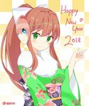  2018 alternate_costume artist_name bangs blush bow breasts brown_hair character_mask checkered checkered_background closed_mouth commentary doki_doki_literature_club english_commentary eyebrows_visible_through_hair floral_print fur-trimmed_kimono fur_trim green_eyes green_kimono hair_bow hand_up happy_new_year highres japanese_clothes kimono long_hair long_sleeves looking_at_viewer mask mask_on_head medium_breasts monika_(doki_doki_literature_club) new_year obi ponytail sash sayori_(doki_doki_literature_club) sidelocks signature smile solo upper_body vanna white_bow wide_sleeves yellow_background 