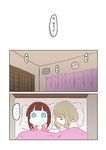  2girls ast ayase_arisa blanket blue_eyes blush brown_hair clock closed_eyes comic curtains kousaka_yukiho love_live! love_live!_school_idol_project multiple_girls pillow short_hair sleeping spoken_ellipsis translated 