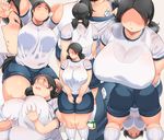  1girl black_hair blush breast_grab breasts erect_nipples fat huge_breasts plump shimejix sweat thick_thighs wide_hips 