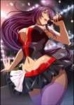  bare_arms bare_shoulders belt cleavage curvy female grey_eyes hair_over_one_eye hips holding ikkitousen kan&#039;u_unchou large_ass large_breasts long_hair microphone navel open_mouth purple_hair purple_legwear sing singing skirt solo stomach tagme thick_thighs thighs tongue very_long_hair wide_hips 