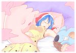  alternate_costume armpits bare_arms blue_hair blush_stickers closed_eyes commentary_request crossover doremy_sweet dress drooling fang gen_5_pokemon gen_7_pokemon hair_between_eyes hand_on_own_stomach hat komala lying musharna nightcap on_back on_stomach open_mouth pillow pokemon pokemon_(creature) pom_pom_(clothes) red_hat shibiria sleeping sleeveless sleeveless_dress smile touhou trait_connection yellow_dress 