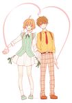  1girl :d bare_legs brown_eyes cardcaptor_sakura full_body green_eyes green_ribbon happy heart heart_of_string highres hnk_(8718orz) holding_hands kinomoto_sakura li_xiaolang looking_at_viewer necktie open_mouth pants plaid plaid_pants red_neckwear ribbon shirt skirt smile standing white_background white_skirt yellow_shirt 