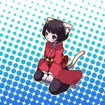  1girl black_hair cat furry halftone halftone_background japanese_clothes omunikin original pink_eyes setsu_(omunikin) solo 