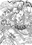  breasts commentary_request facial_mark fang fate/grand_order fate_(series) greyscale hasanishi horns ibaraki_douji_(fate/grand_order) japanese_clothes kimono long_hair monochrome oni oni_horns pointy_ears small_breasts solo tattoo 