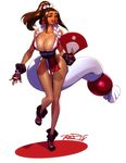  ankle_boots boots breasts brown_eyes brown_hair bursting_breasts cleavage fan fatal_fury fingerless_gloves folding_fan full_body gloves high_ponytail highres huge_breasts japanese_clothes ninja no_panties obi pelvic_curtain ponytail revealing_clothes robert_porter sash shiranui_mai slender_waist solo standing the_king_of_fighters 