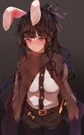  animal_ears arms_at_sides bangs belt belt_buckle black_pants black_ribbon blue_eyes blush breasts brown_cape buckle bunny_ears buttons closed_mouth commentary_request cowboy_shot eyebrows_visible_through_hair fake_animal_ears grey_background hair_ribbon high_ponytail highres hplay long_hair looking_at_viewer medium_breasts narberal_gamma nose_blush overlord_(maruyama) pants ponytail ribbon ribbon-trimmed_cape sheath sheathed shirt simple_background solo standing sword weapon white_shirt 